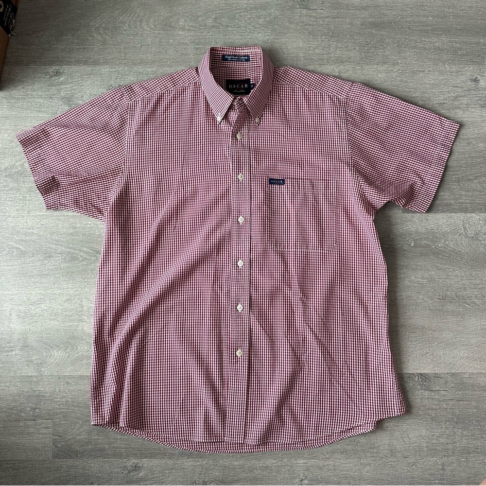 90s Vintage Oscar de la Renta Burgundy Check Short Sleeve Shirt Gingham